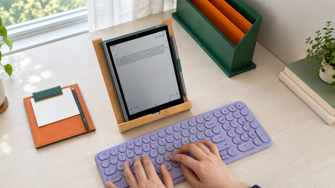 キーボードとともに机の上に置かれた7.8インチタブレット「Paper7」